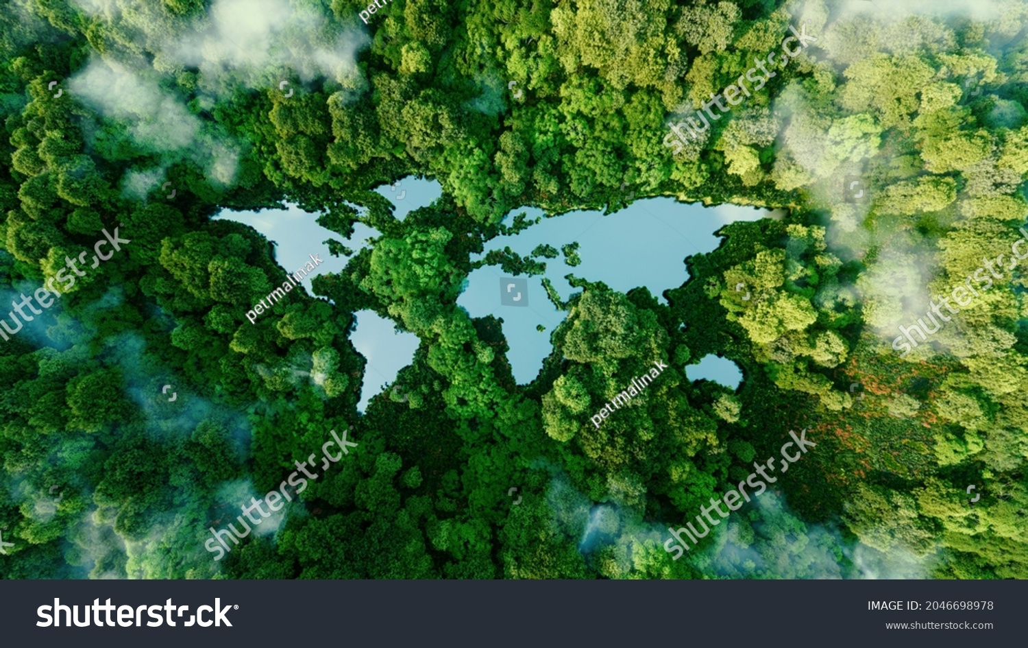 Ein See in der Form der Kontinente der Welt inmitten unberührter Natur. Eine Metapher für ökologische Reisen, Naturschutz, Klimawandel, Erderwärmung und die Fragilität der Natur.3d-Darstellung – Stockillustration
