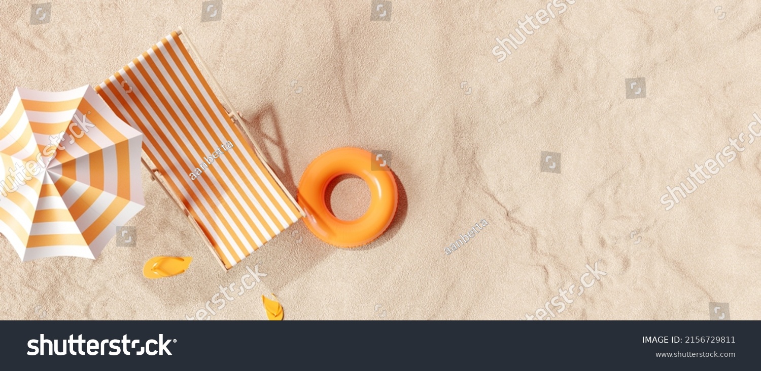 Sonnenschirm mit Stühlen, aufblasbarer Ring auf dem Strand Sand. Sommerurlaub-Konzept. 3D-Rendering – Stockillustration
