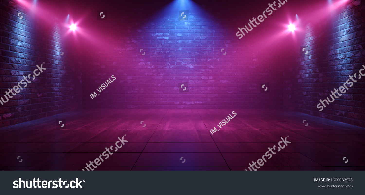 Neon Retro Brick Walls Club Mist Dunkel Foggy Leere Hallway Korridor Room Garage Studio Tanz Blasen violette Spot Lights Beton Boden 3D Rendering Illustration – Stockillustration