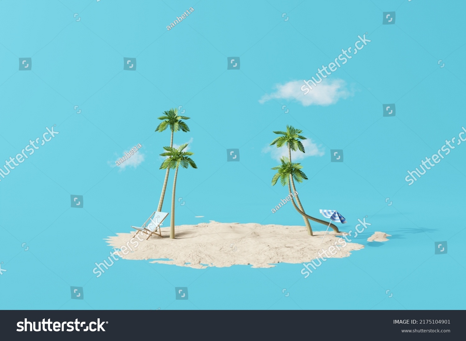 Sommerurlaubsszene am Strand mit blauem Hintergrund. 3D-Rendering – Stockillustration