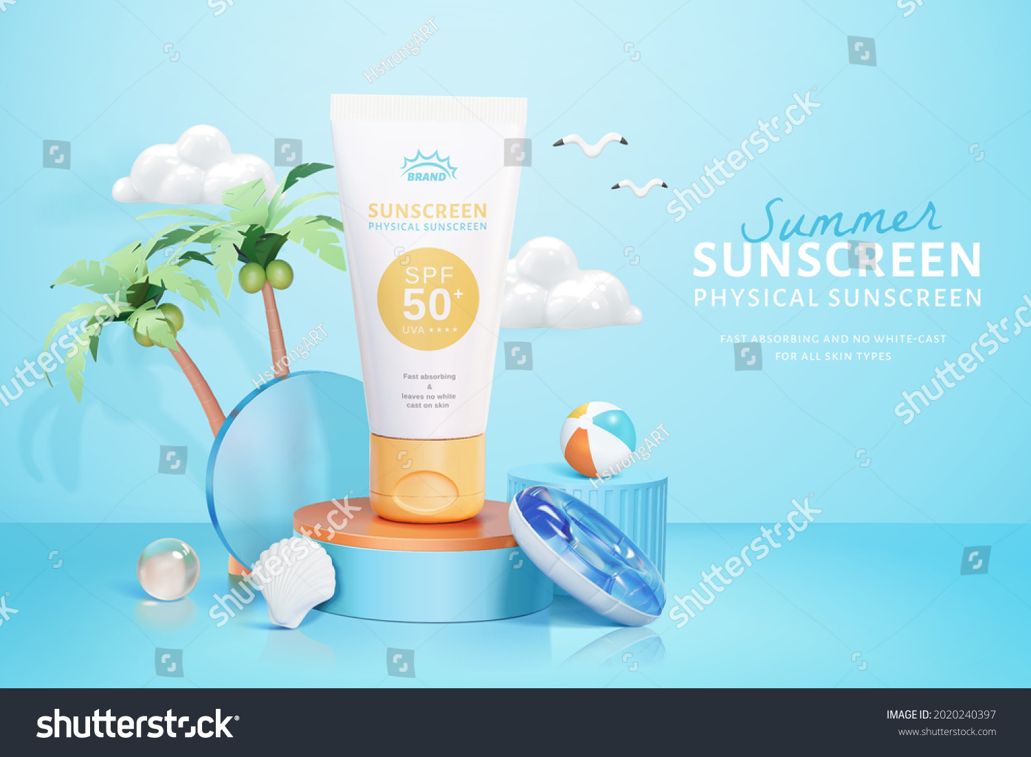 3d Kosmetische Ad-Vorlage in Inselurlaub Thema. Tauchen Sie mit Strandschwimmobjekten auf ein rundes Podium ein. – Stockvektorgrafik