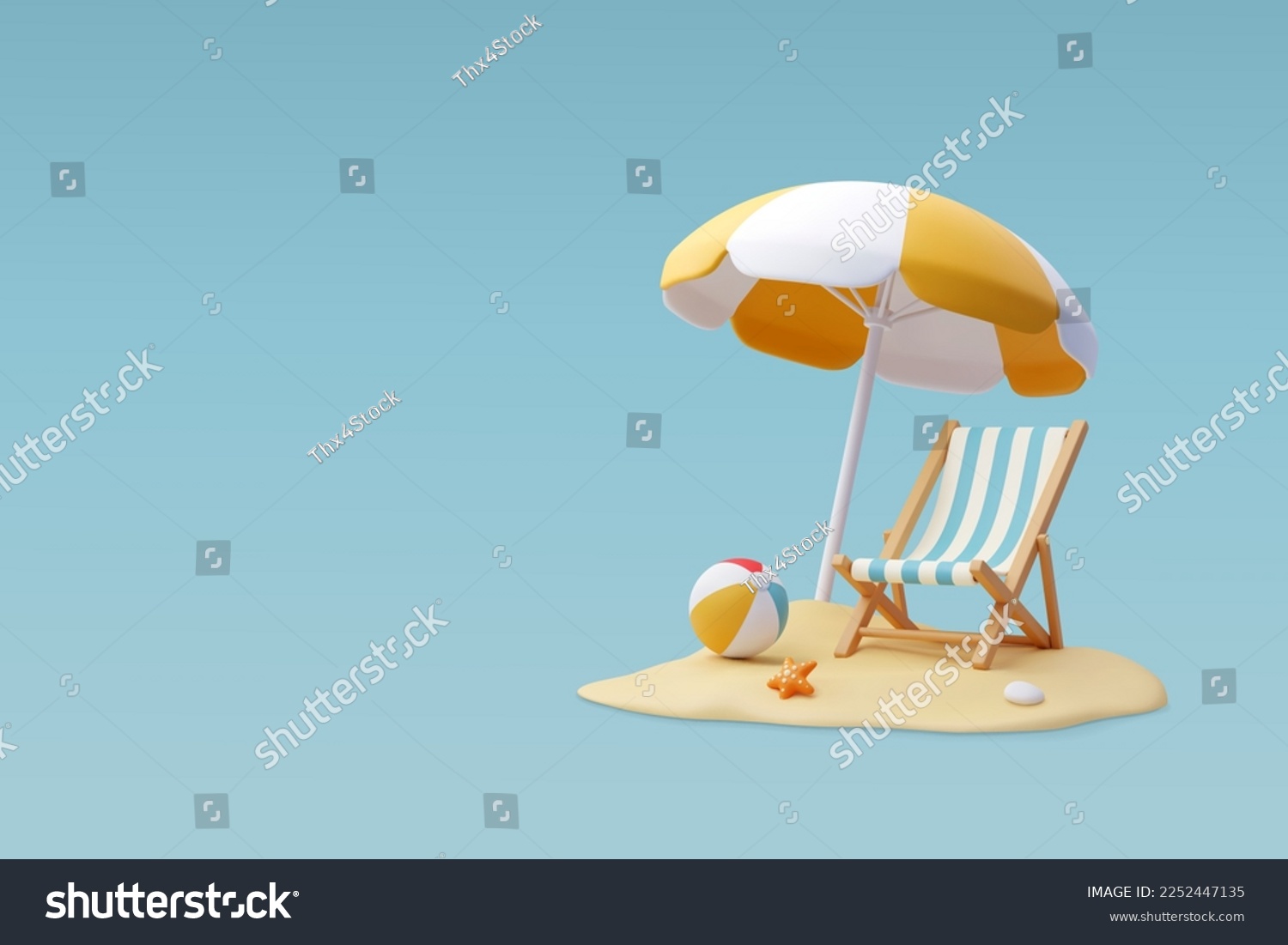 3D Vector Beach Stuhl, Gelber Regenschirm und Ball, Sommerurlaub, Zeit zum Reisen Konzept. EPS10 Vektor. – Stockvektorgrafik