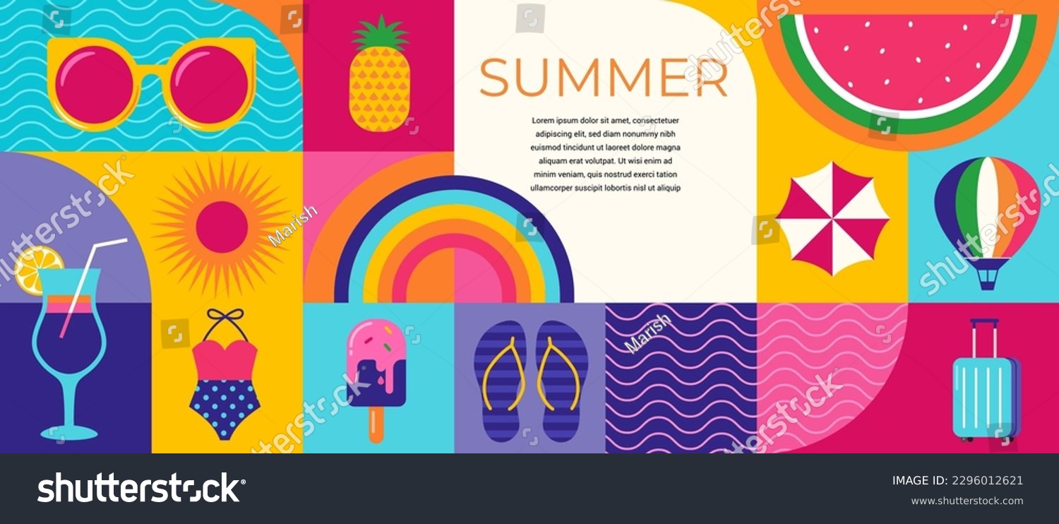 Farbige geometrische Sommerhintergründe, Poster, Banner. Design-Werbegestaltung für Sommerzeit – Stockvektorgrafik