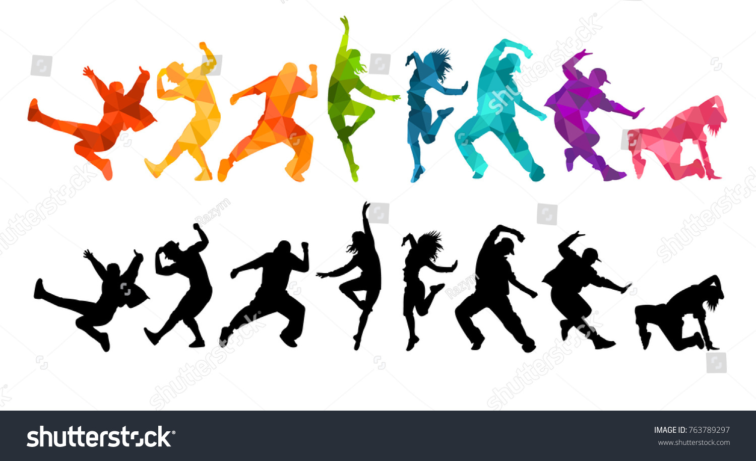 Detaillierte Vektorgrafik-Silhouetten von expressiven Tanzmenschen. Jazzfunk, Hip Hop, Haustanz-Schrift. Tänzer. – Stockvektorgrafik