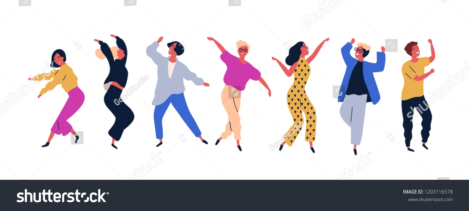 Gruppe von jungen glücklichen Tänzern oder männlichen und weiblichen Tänzern einzeln auf weißem Hintergrund. Lächelnde junge Männer und Frauen genießen Tanzparty. Farbige Vektorgrafik im flachen Cartoon-Stil. – Stockvektorgrafik