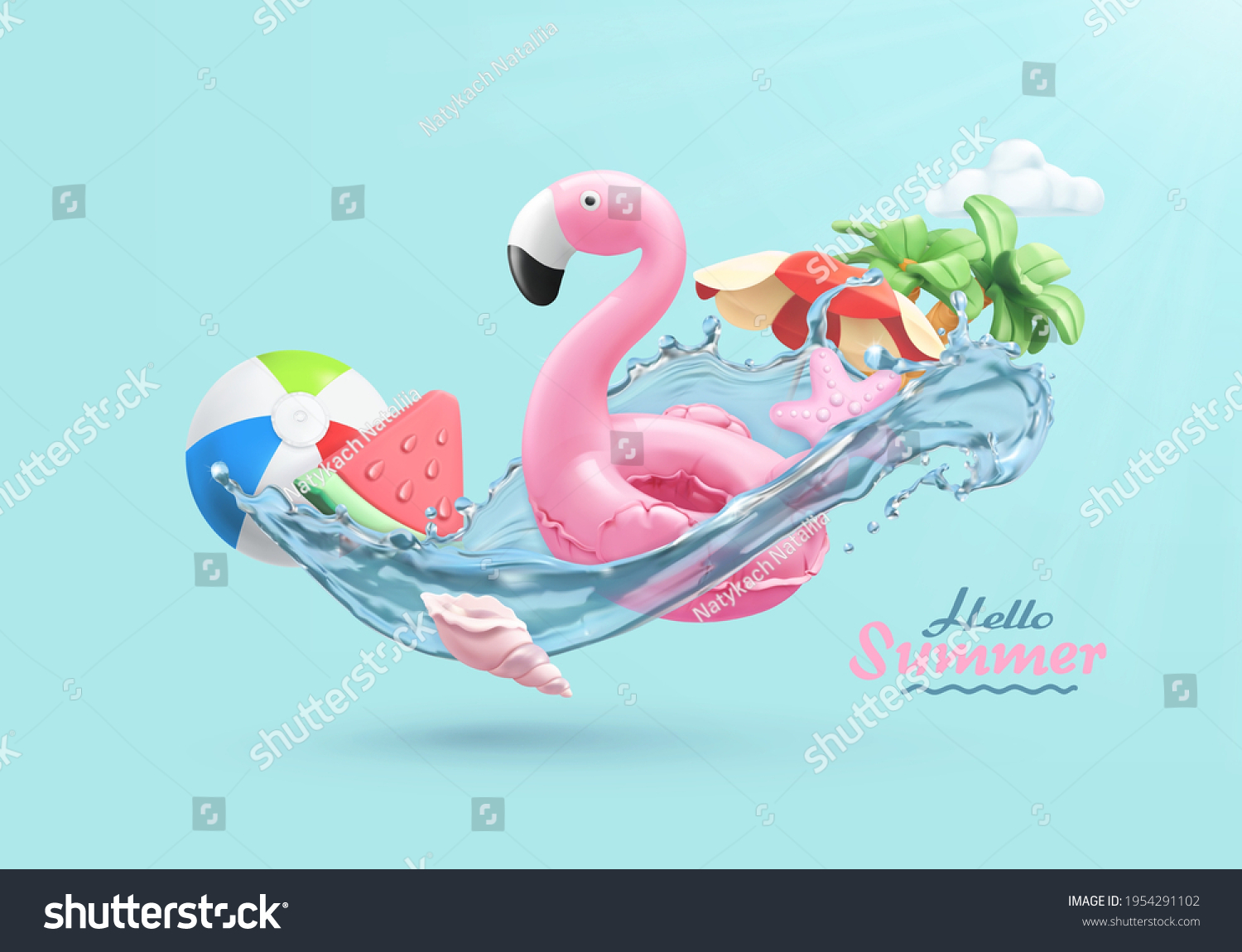 Sommerfestlicher Hintergrund. 3D-Vektorgrafik realistisch. Flamingo aufblasbares Spielzeug, Wassermelone, Palmen, Muschel, Wassersplash – Stockvektorgrafik